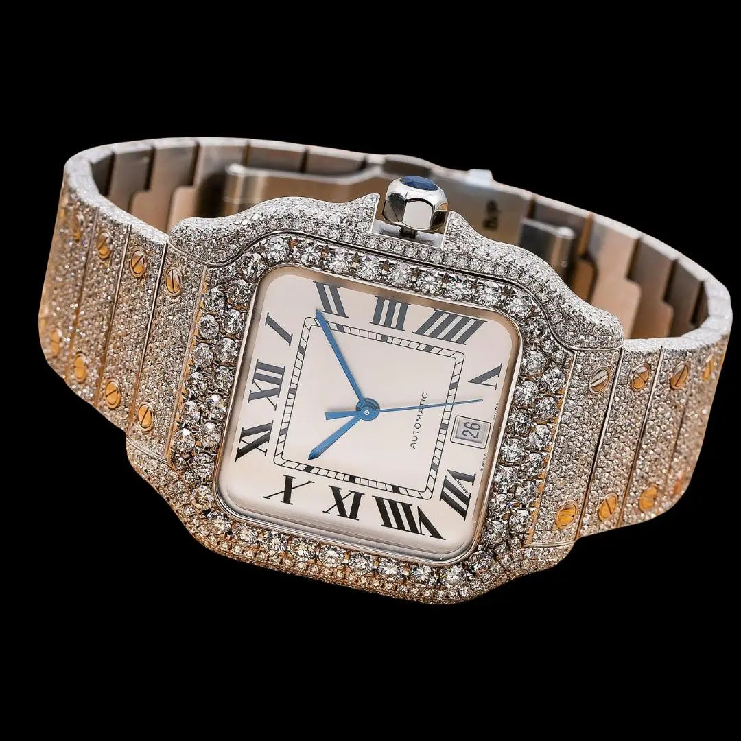 White Dial Cartier Santos Black Roman Numerals Fully Iced Out Moissanite Watch Close Up Front View