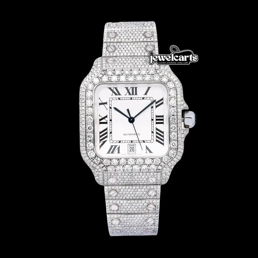 White Dial Cartier Santos Black Roman Numerals Fully Iced Out Moissanite Watch Front View