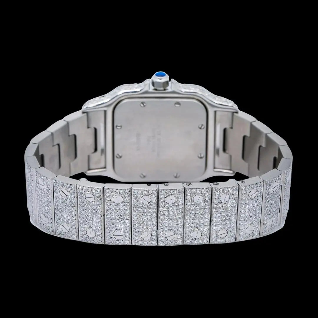 White Dial Roman Numerals Cartier Santos Fully Iced Out Moissanite Diamond Watch Caseback View