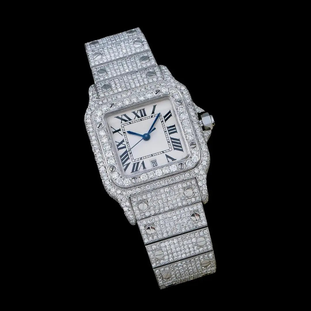 White Dial Roman Numerals Cartier Santos Fully Iced Out Moissanite Diamond Watch Close Up Front View