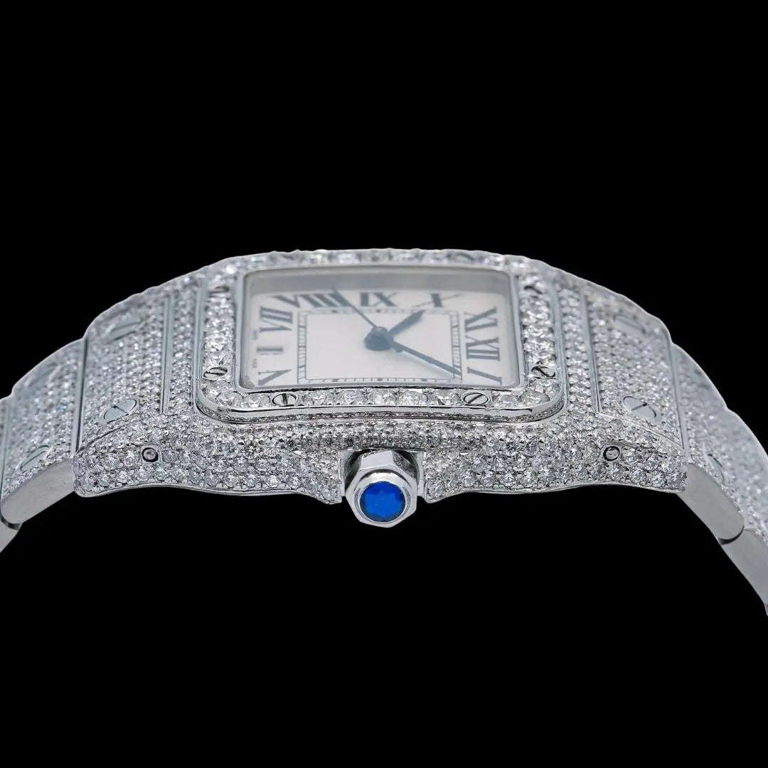 White Dial Roman Numerals Cartier Santos Fully Iced Out Moissanite Diamond Watch Crown View