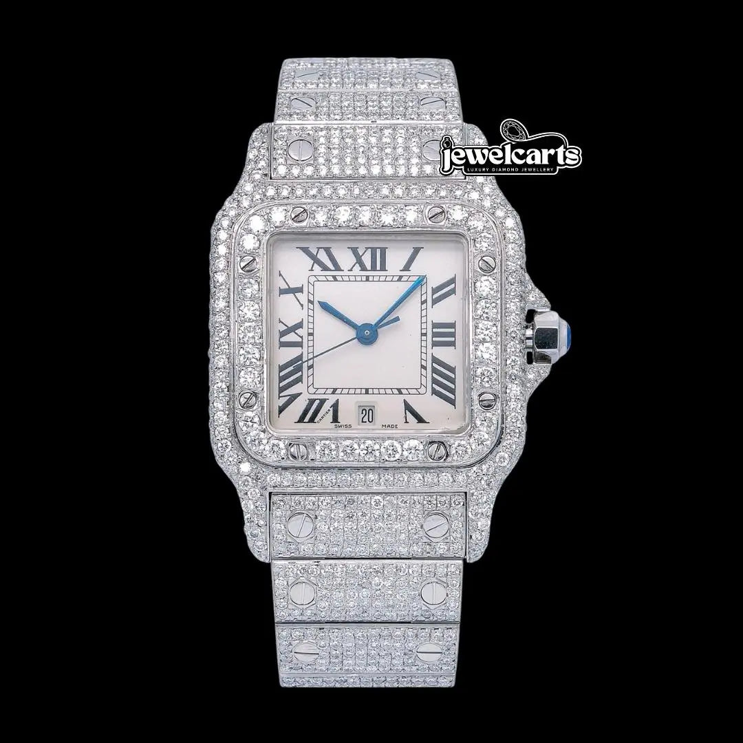 White Dial Roman Numerals Cartier Santos Fully Iced Out Moissanite Diamond Watch Front View