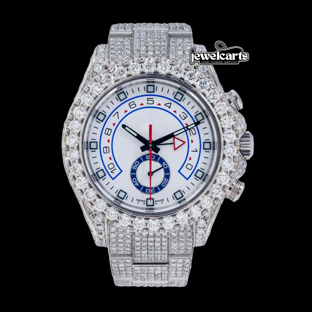 Yacht-Master II Rolex White Dial Standard Numerals Fully Iced Out Oyster Bracelet Moissanite Watch Front View