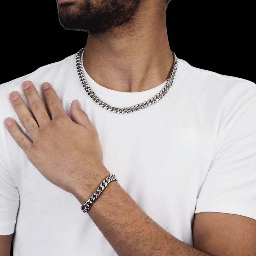 10MM 925 Sterling Silver Cuban Link Chain Neck and Hand View.