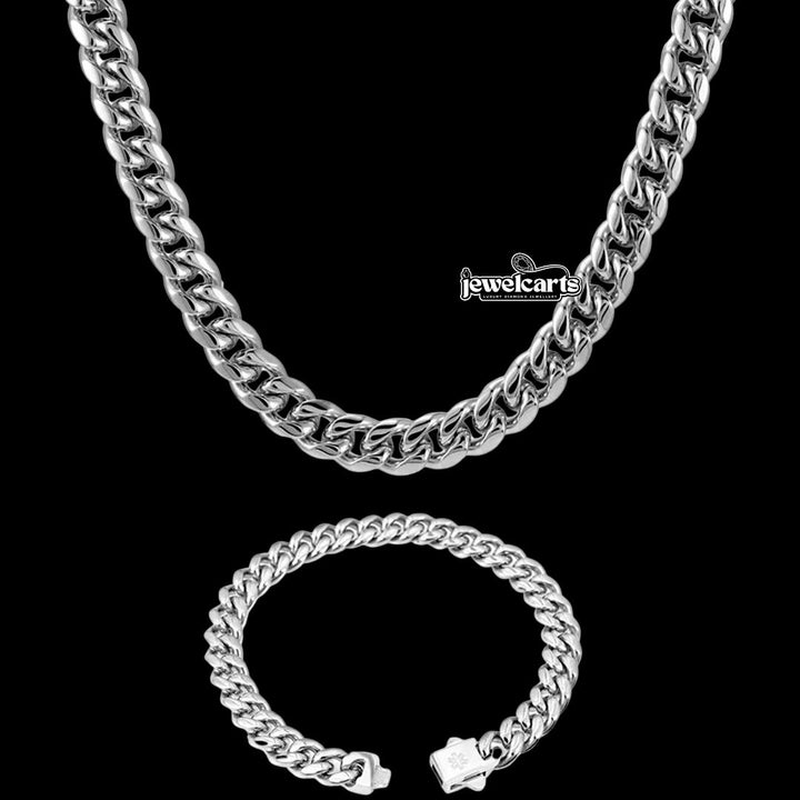 10MM Cuban Link Chain and Bracelet Bundle Silver Front View