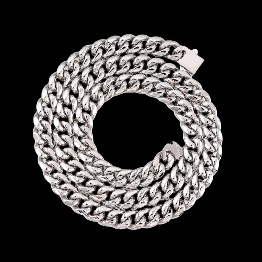 10MM Cuban Link Chain and Bracelet Bundle Silver Full Close Up View