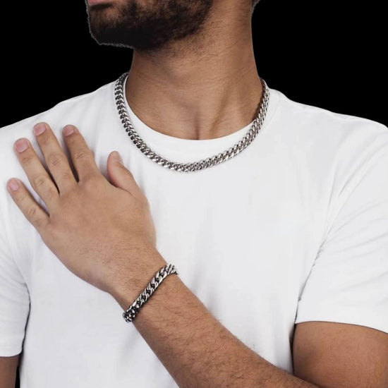 10MM Cuban Link Chain and Bracelet Bundle Silver Neck and Hand View 