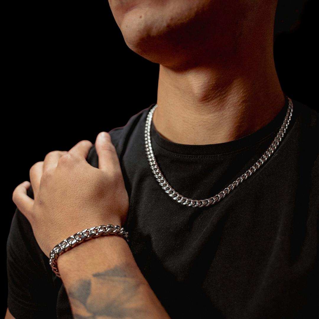 10MM Cuban Link Chain and Bracelet Bundle Silver Neck and Hand View 2