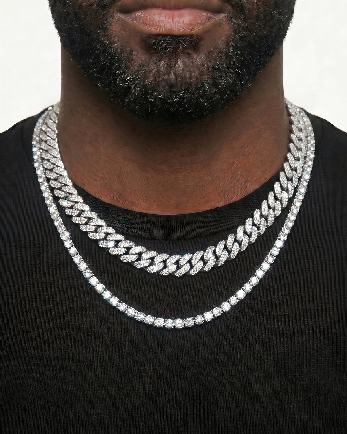 925 Sterling Silver VVS Moissanite Tennis and Cuban Chain Stack