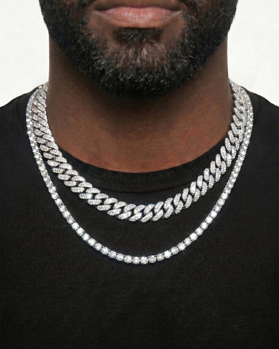 925 Sterling Silver VVS Moissanite Tennis and Cuban Chain Stack