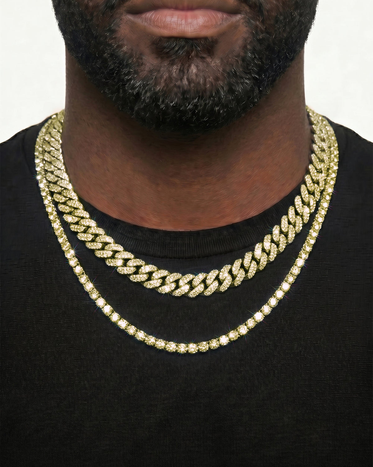 14K Yellow Gold VVS Moissanite Cuban Necklace Stack