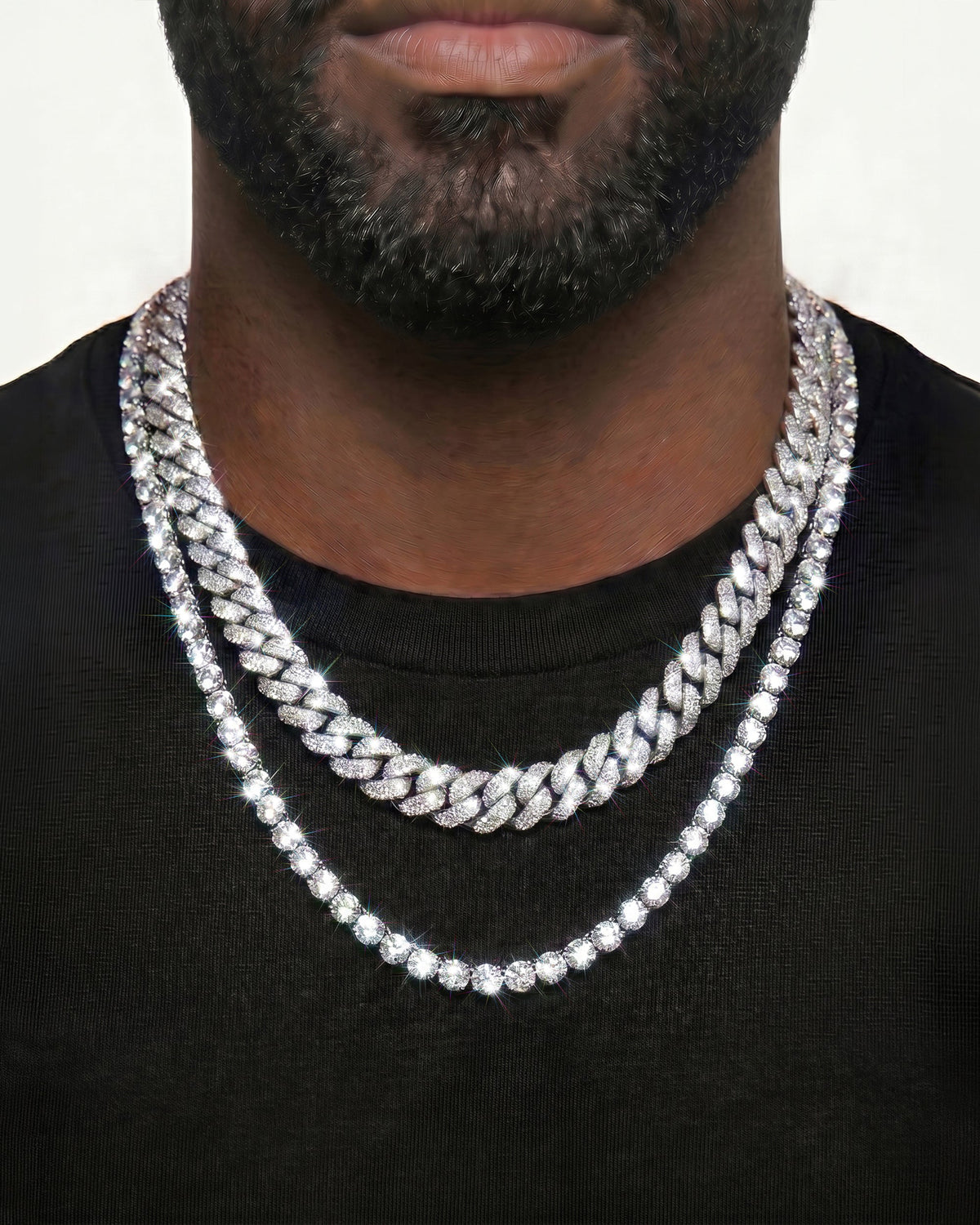 925 Sterling Silver VVS Moissanite Tennis and Cuban Chain Stack