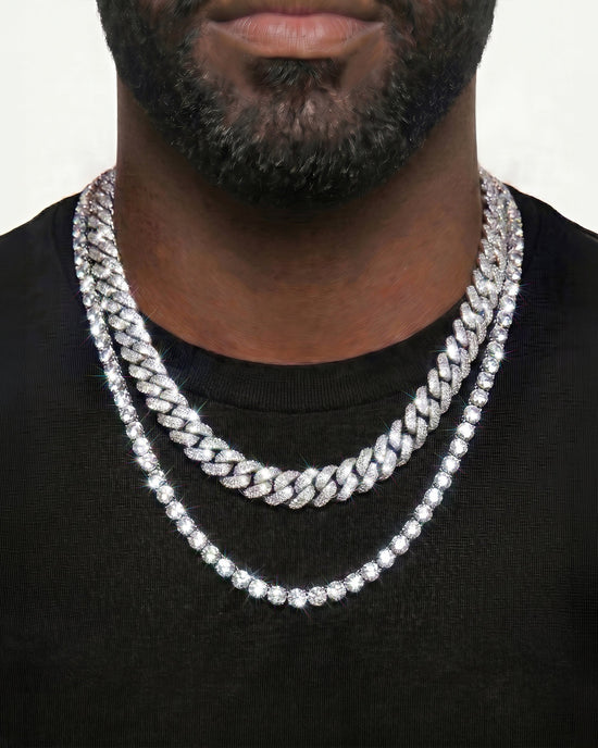 925 Sterling Silver VVS Moissanite Tennis and Cuban Chain Stack