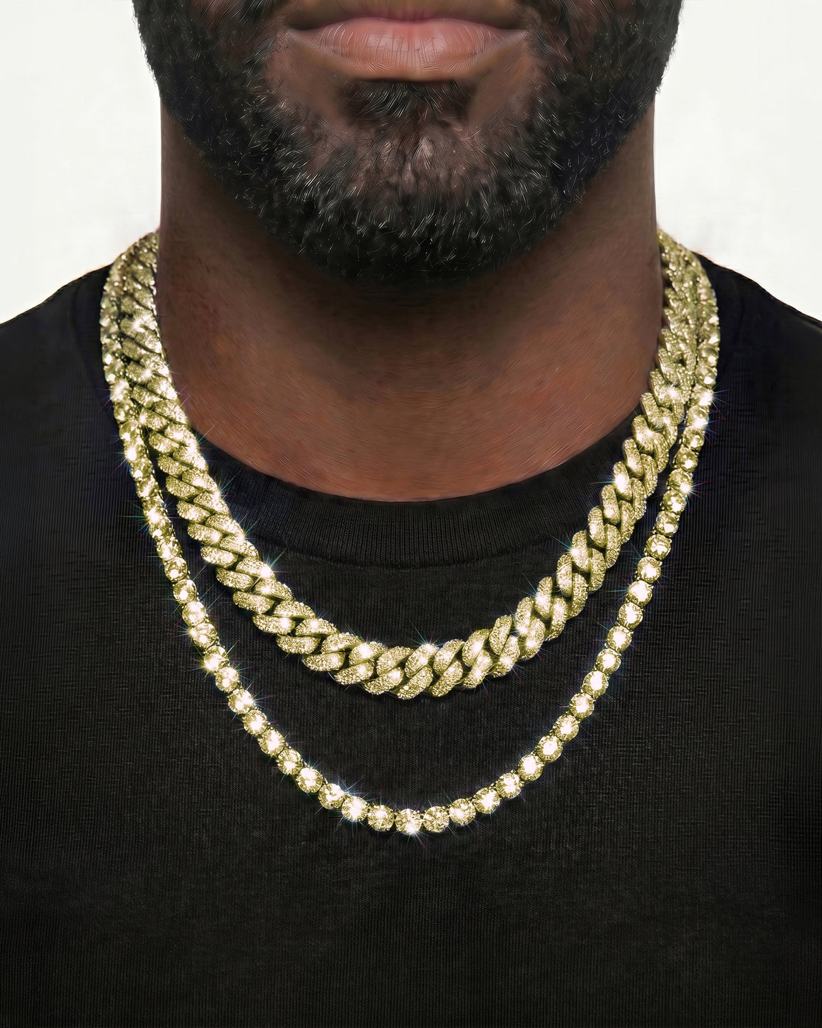 14K Yellow Gold VVS Moissanite Cuban Necklace Stack