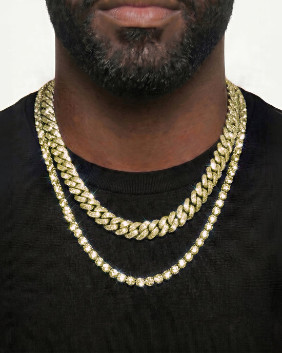14K Yellow Gold VVS Moissanite Cuban Necklace Stack