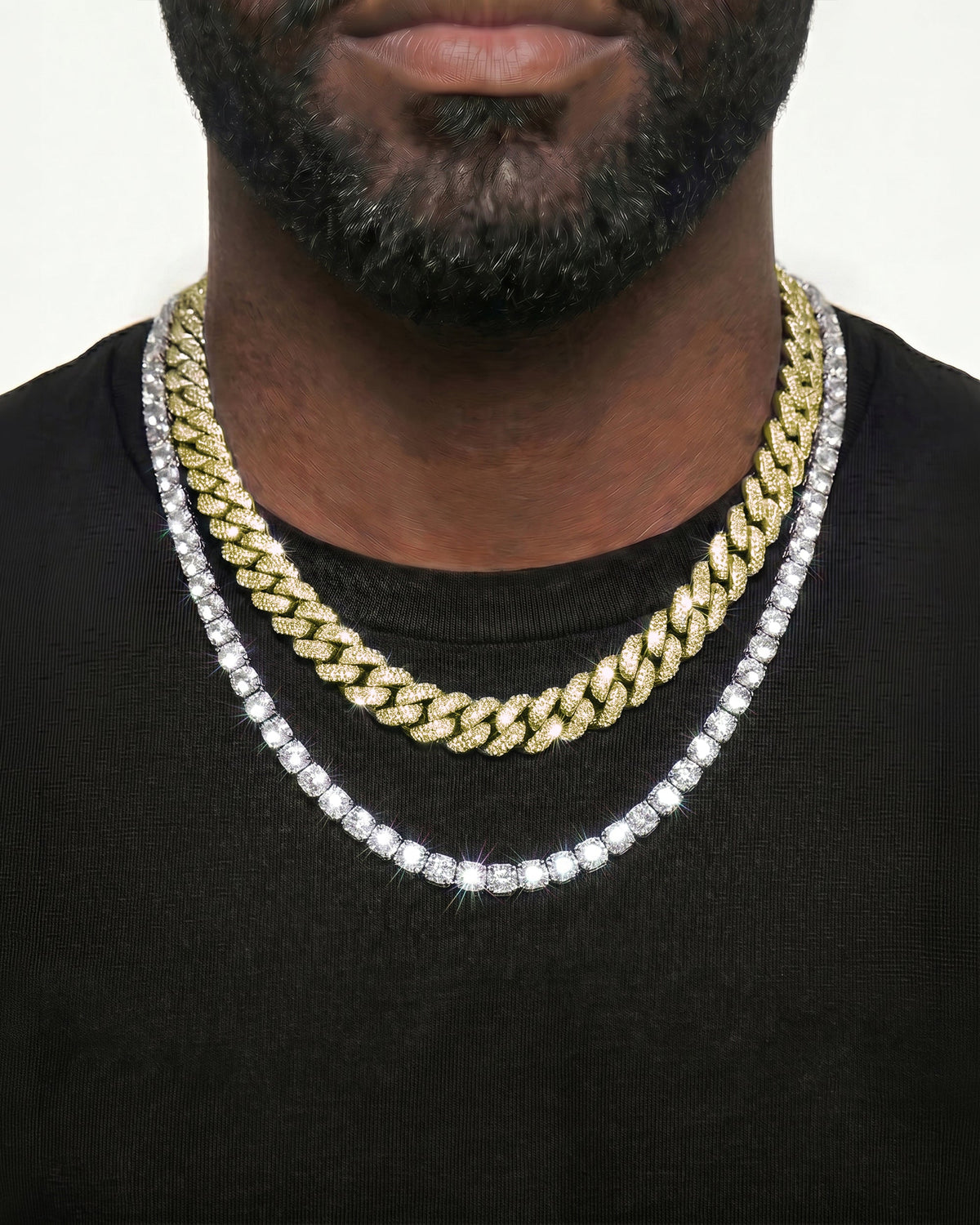 14K Yellow Gold VVS Moissanite Cuban Necklace Stack