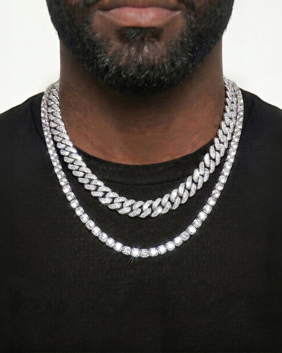 925 Sterling Silver VVS Moissanite Tennis and Cuban Chain Stack
