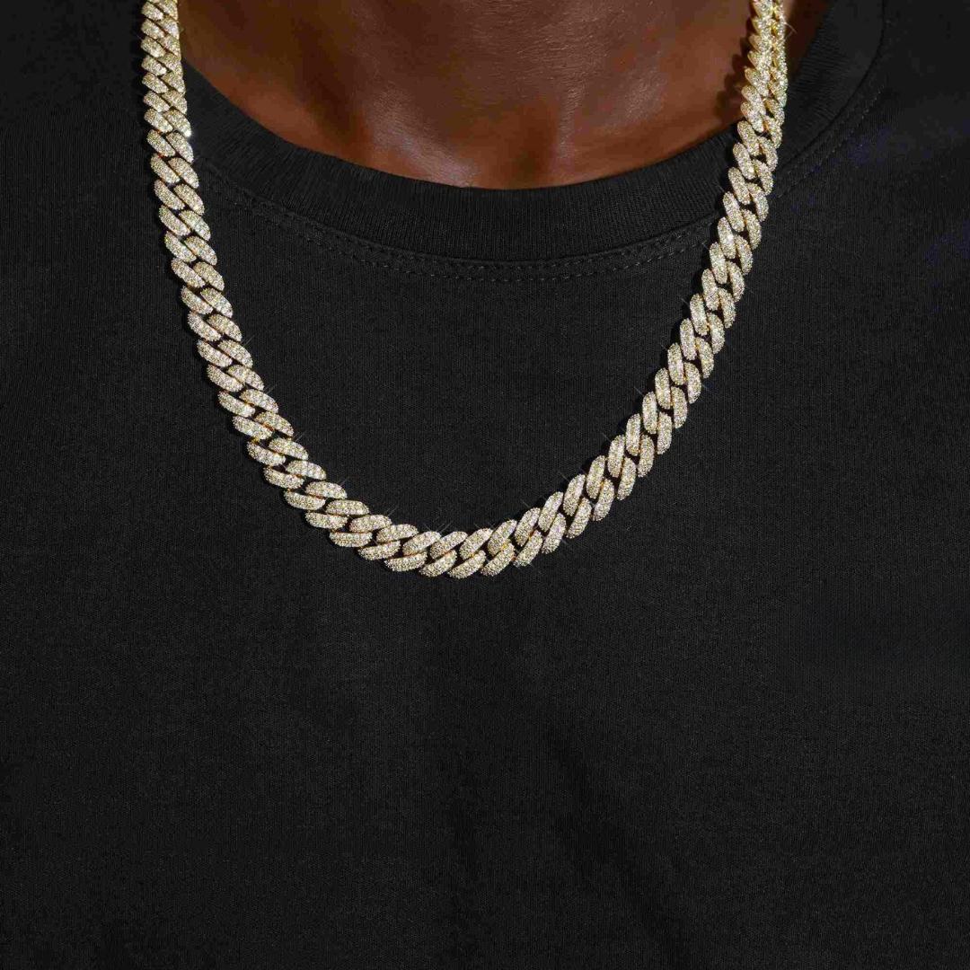 10MM Moissanite Miami Cuban Link Chain 14K Yellow Gold Neck View 