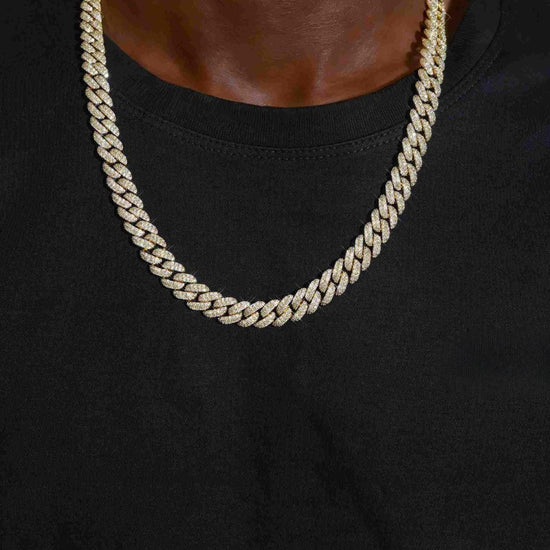 10MM Moissanite Miami Cuban Link Chain 14K Yellow Gold Neck View 