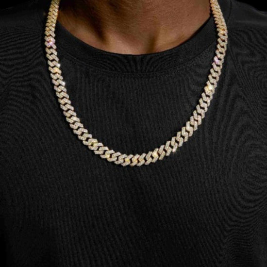 10MM Moissanite Miami Cuban Link Chain 14K Yellow Gold Necklace Display