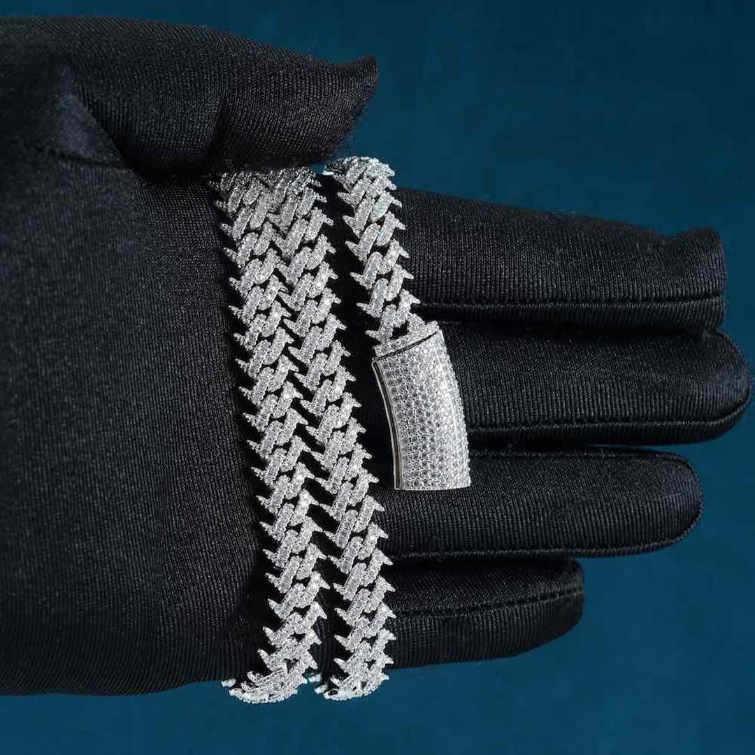 10MM Round Moissanite Cuban Link Chain 14K White Gold On Hand View
