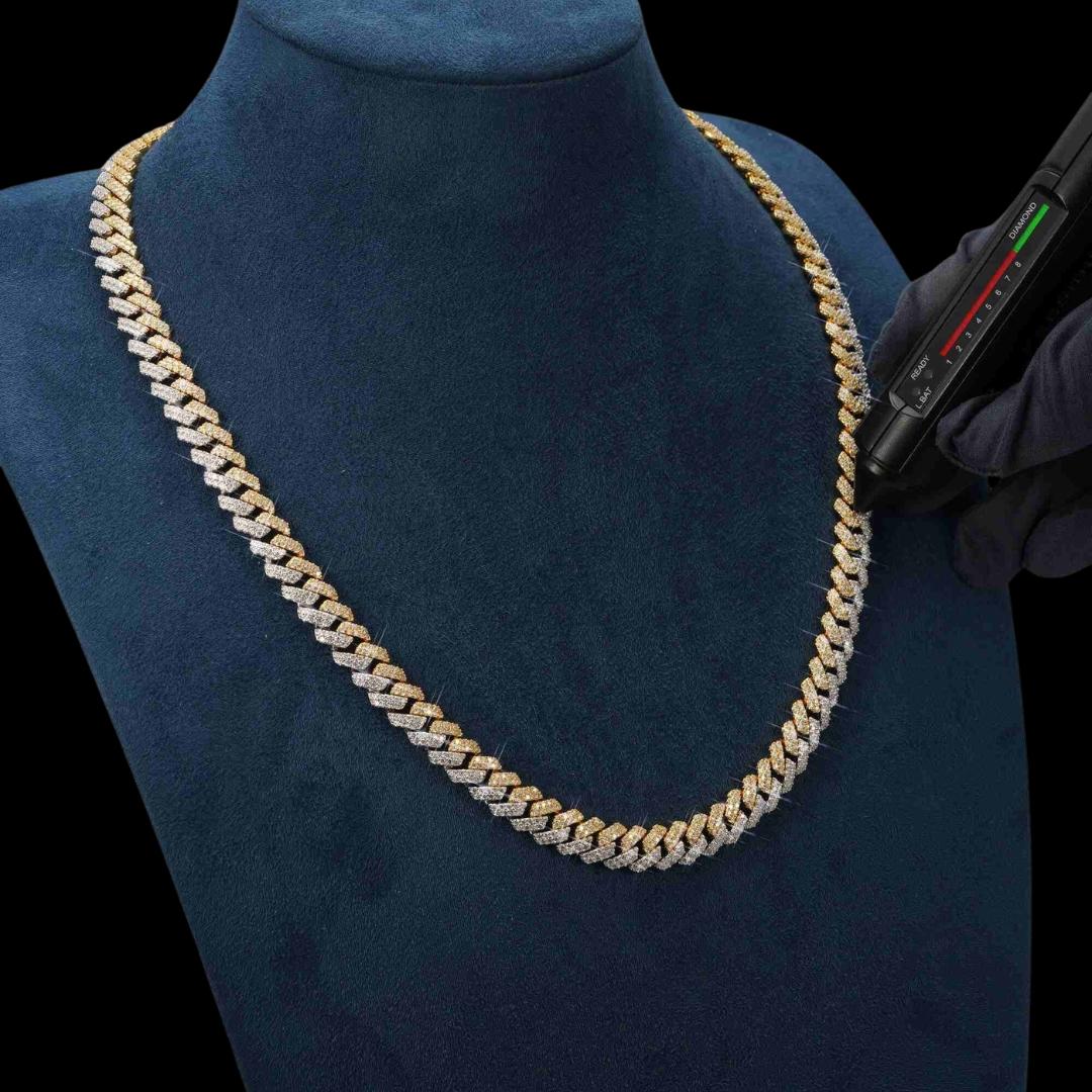 10MM Two-Tone VVS Moissanite Cuban Link Chain 14K Gold Diamond Test View