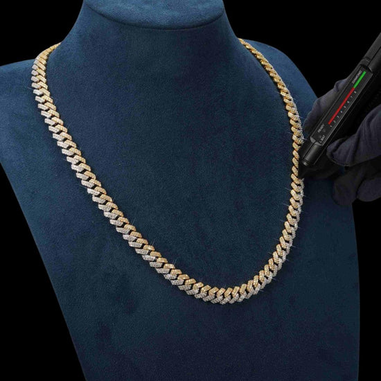 10MM Two-Tone VVS Moissanite Cuban Link Chain 14K Gold Diamond Test View