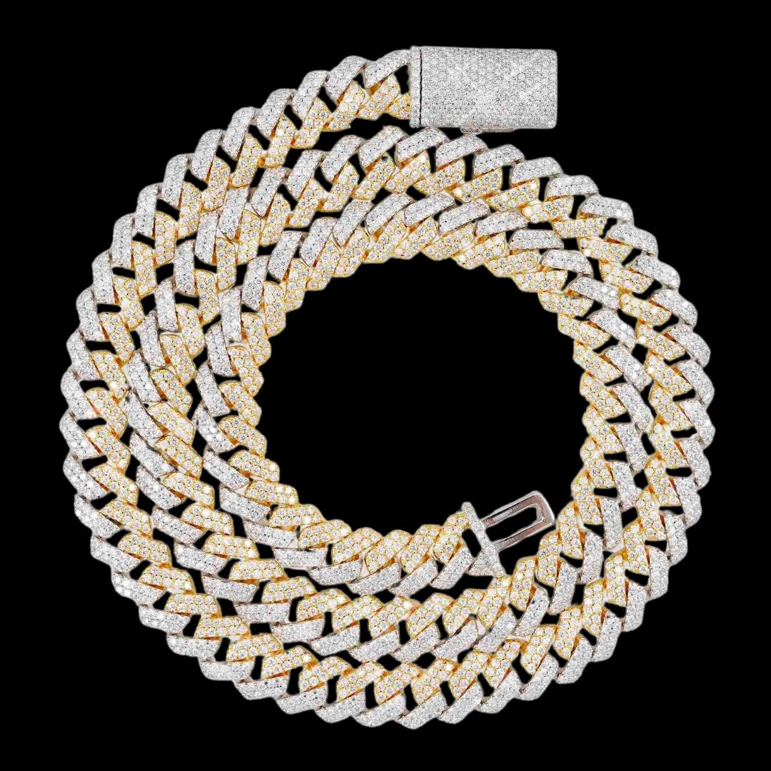 10MM Two-Tone VVS Moissanite Cuban Link Chain 14K Gold Full Close Up View