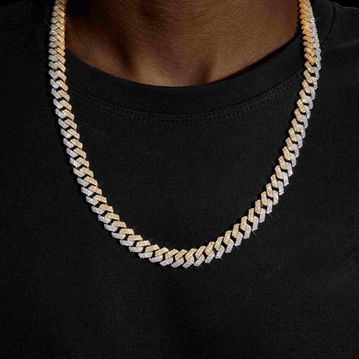 10MM Two-Tone VVS Moissanite Cuban Link Chain 14K Gold Neck View 