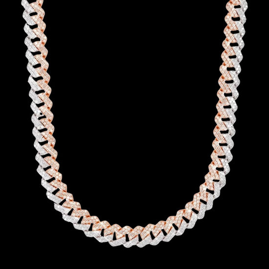 10MM Two-Tone VVS Moissanite Cuban Link Chain 14K Rose Gold Diamond Front View