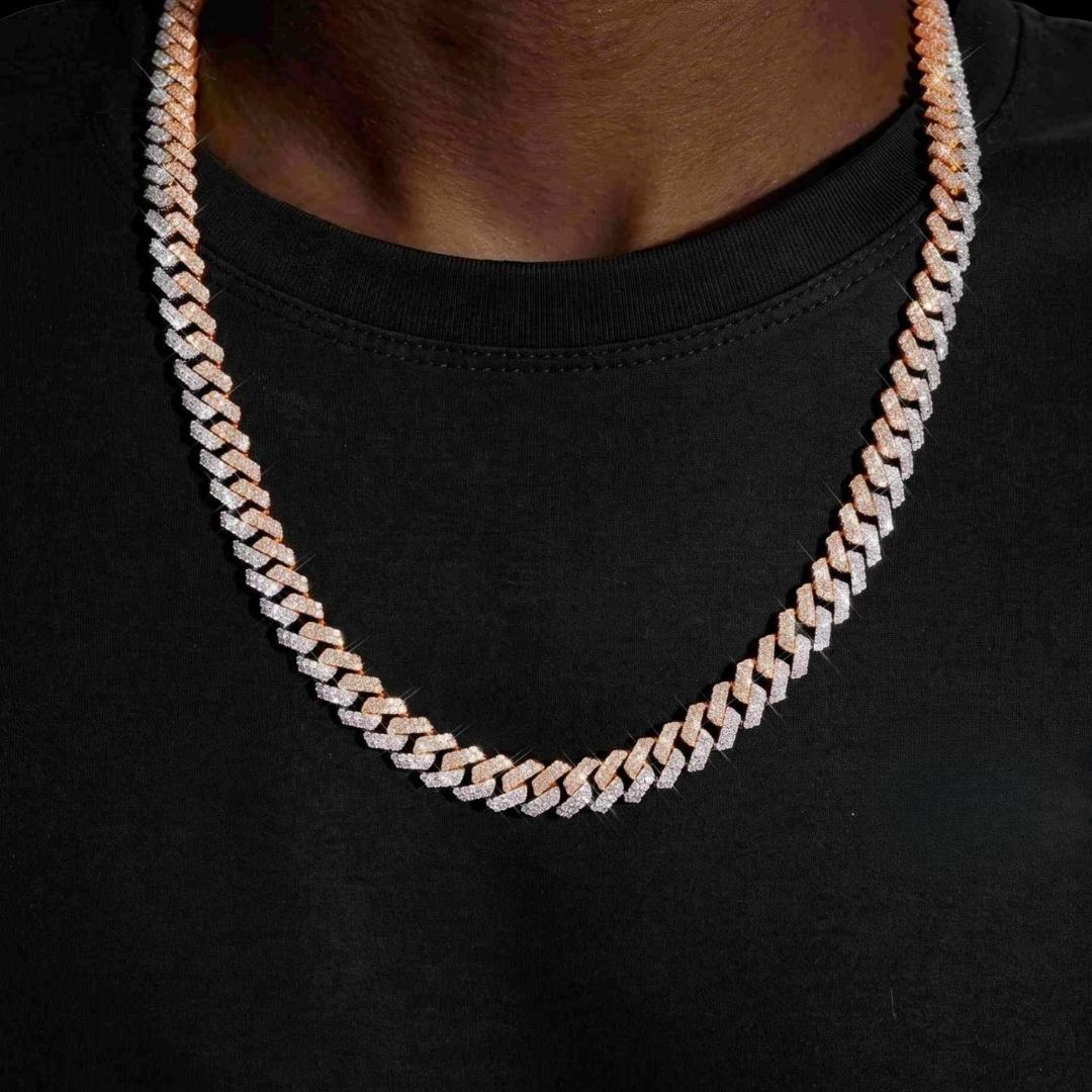 10MM Two-Tone VVS Moissanite Cuban Link Chain 14K Rose Gold Diamond Neck View 