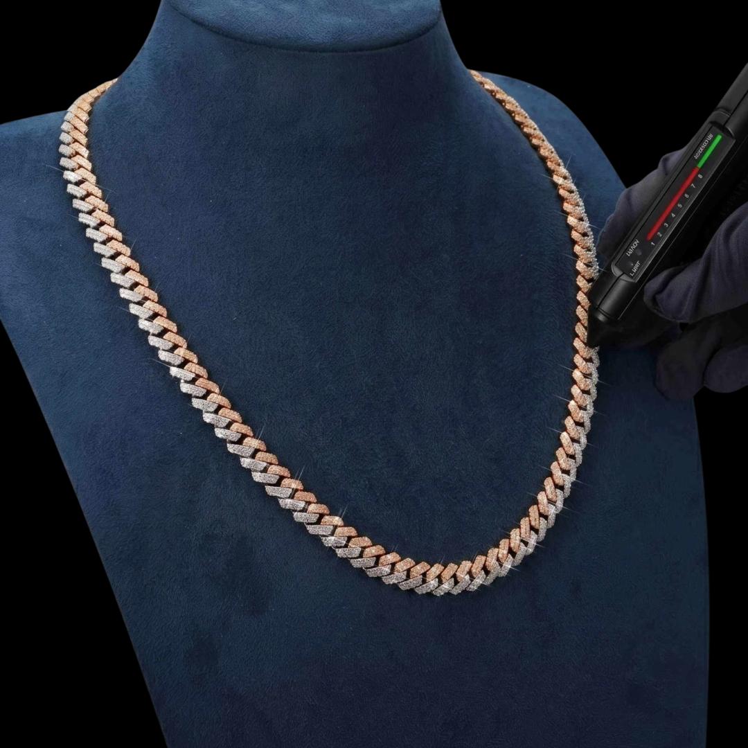 10MM Two-Tone VVS Moissanite Cuban Link Chain 14K Rose Gold Diamond Test View