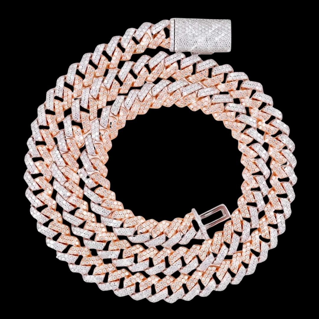 10MM Two-Tone VVS Moissanite Cuban Link Chain 14K Rose Gold Full Close Up View