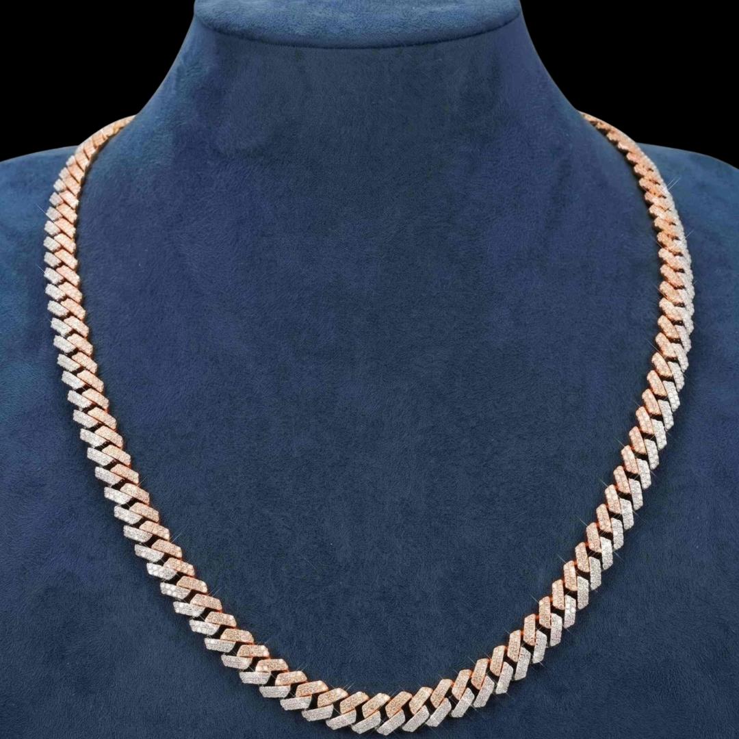 10MM Two-Tone VVS Moissanite Cuban Link Chain 14K Rose Gold Necklace Display