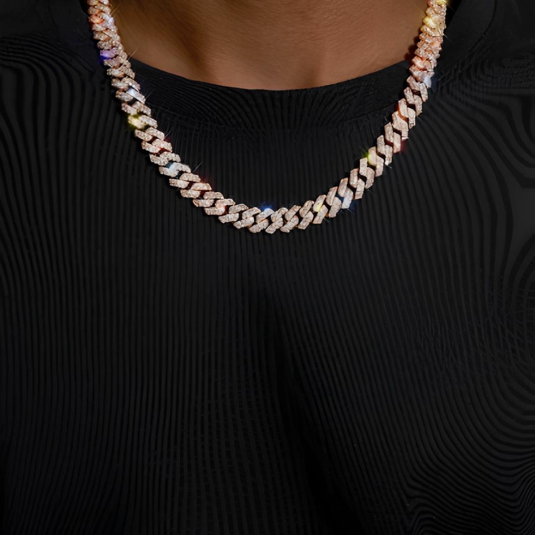 10MM Two Row VVS Moissanite Cuban Chain in Rose Sterling Silver Neck View 