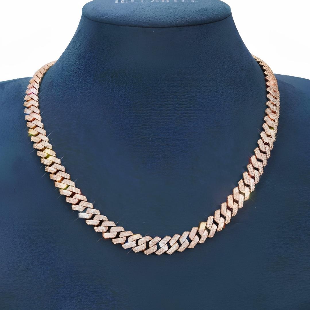 10MM Two Row VVS Moissanite Cuban Chain in Rose Sterling Silver Necklace Display