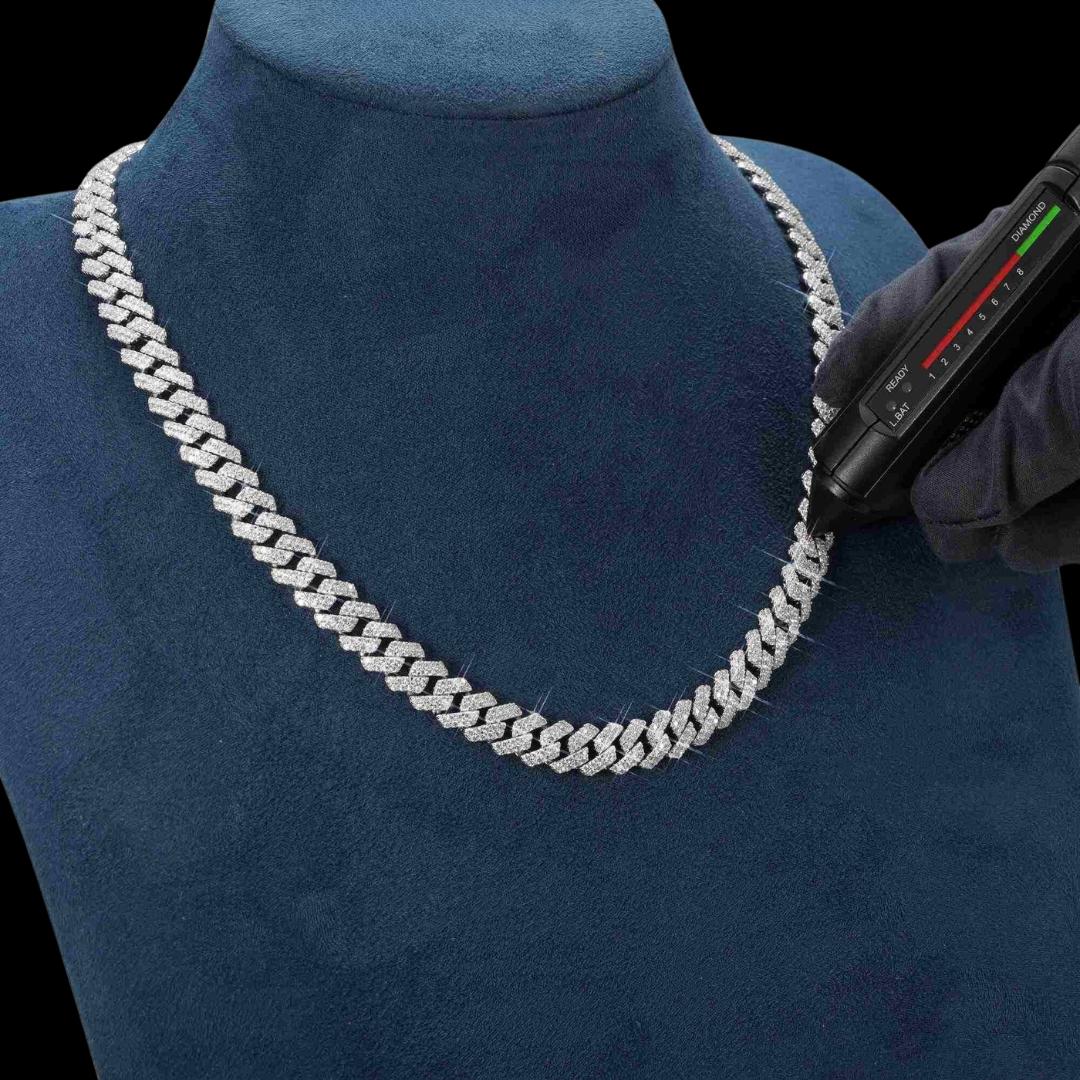 10MM Two Row VVS Moissanite Cuban Chain in Sterling Silver Diamond Test View