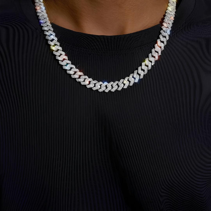 10MM Two Row VVS Moissanite Cuban Chain in Sterling Silver Neck View 