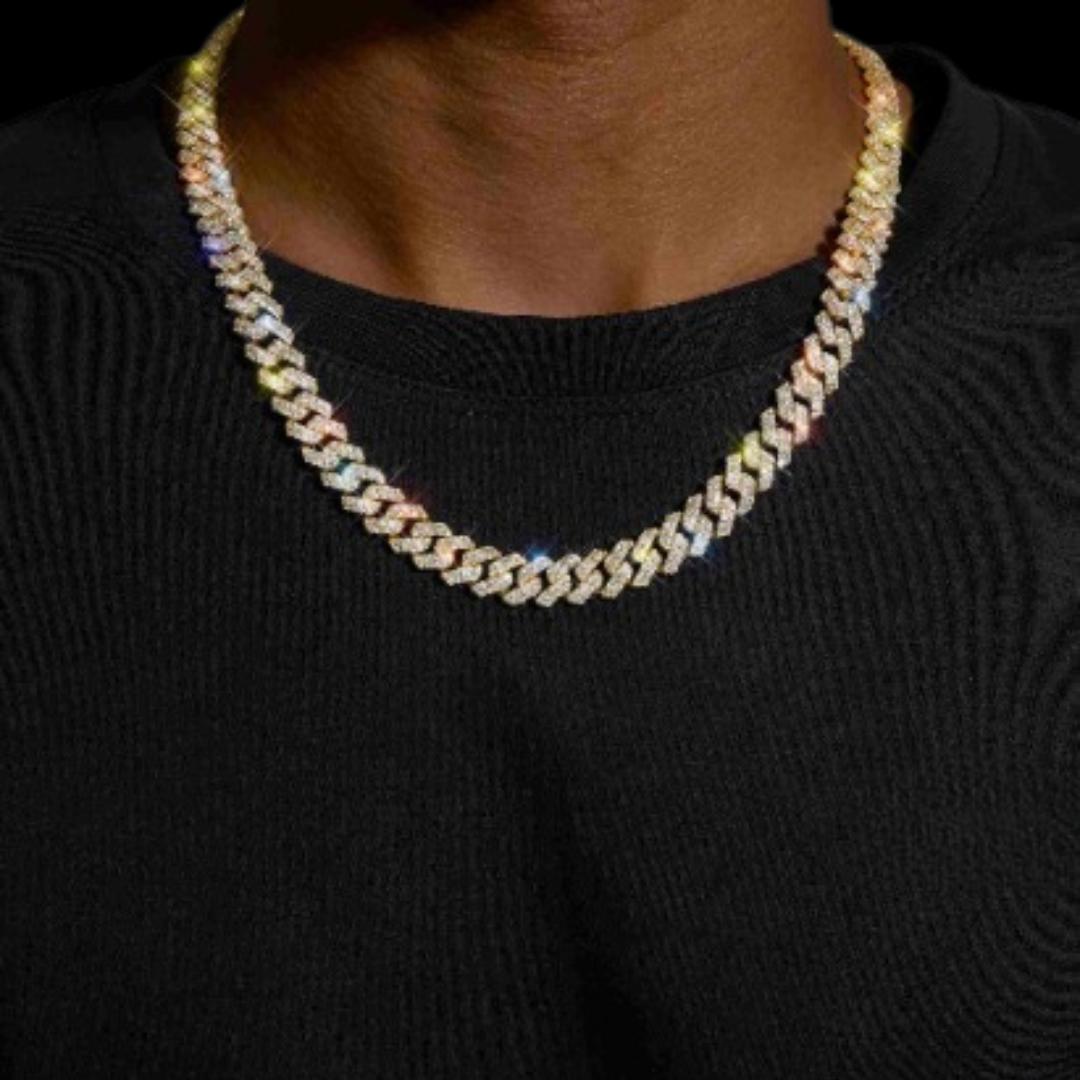 10MM Two Row VVS Moissanite Cuban Chain in Yellow Sterling Silver Neck View 