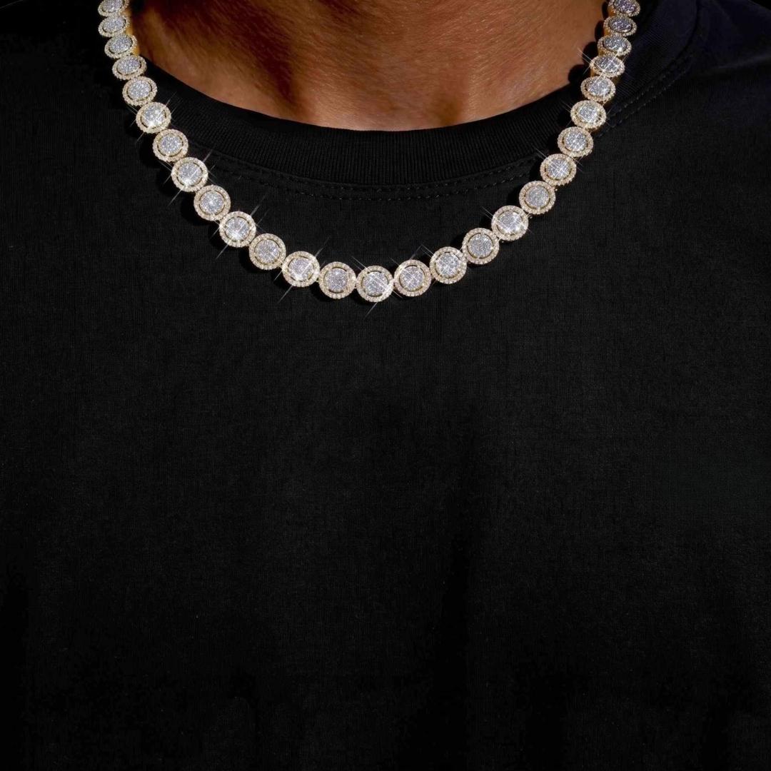 10mm Iced Out Bezel Set Tennis Chain in 14K Yellow Gold Neck View 