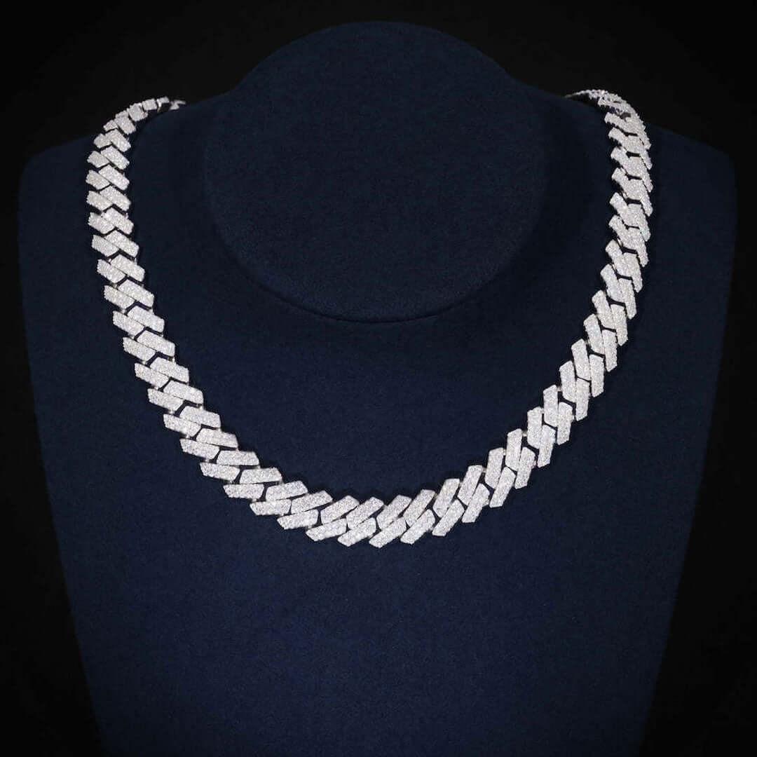 10mm Round Moissanite Cuban Chain in 14K White Gold Close Up Neck View 