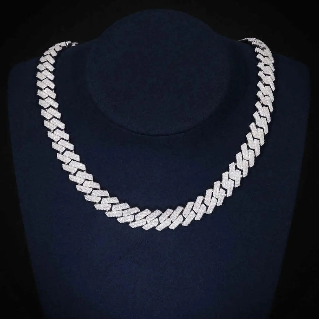 10mm Round Moissanite Cuban Chain in 14K White Gold Close Up Neck View 