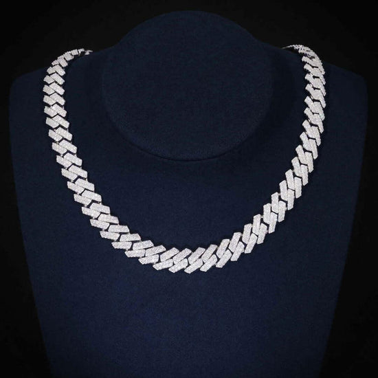 10mm Round Moissanite Cuban Chain in 14K White Gold Close Up Neck View 