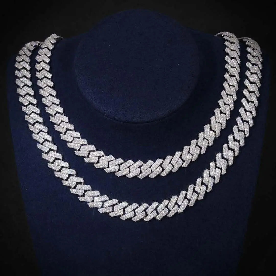10mm Round Moissanite Cuban Chain in 14K White Gold Double Chain Close Up Neck View 