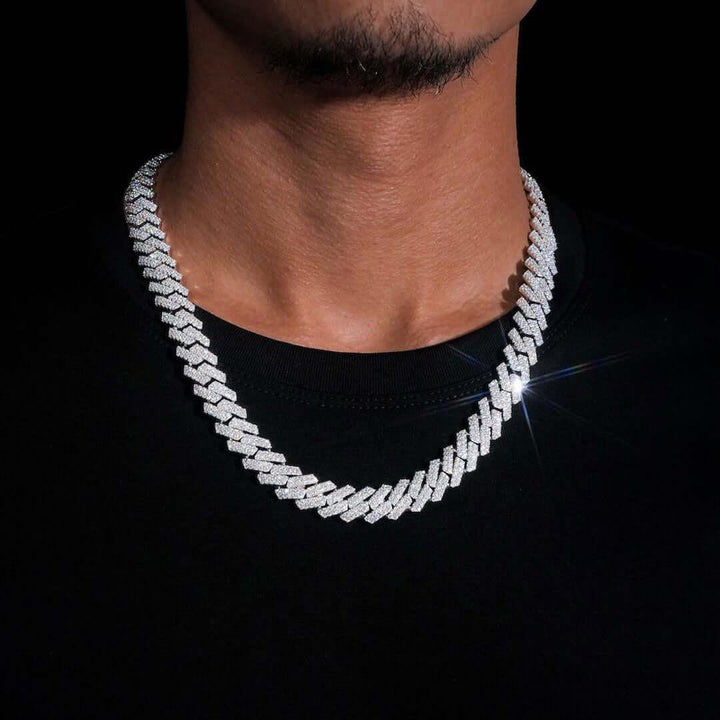10mm Round Moissanite Cuban Chain in 14K White Gold On Neck View 