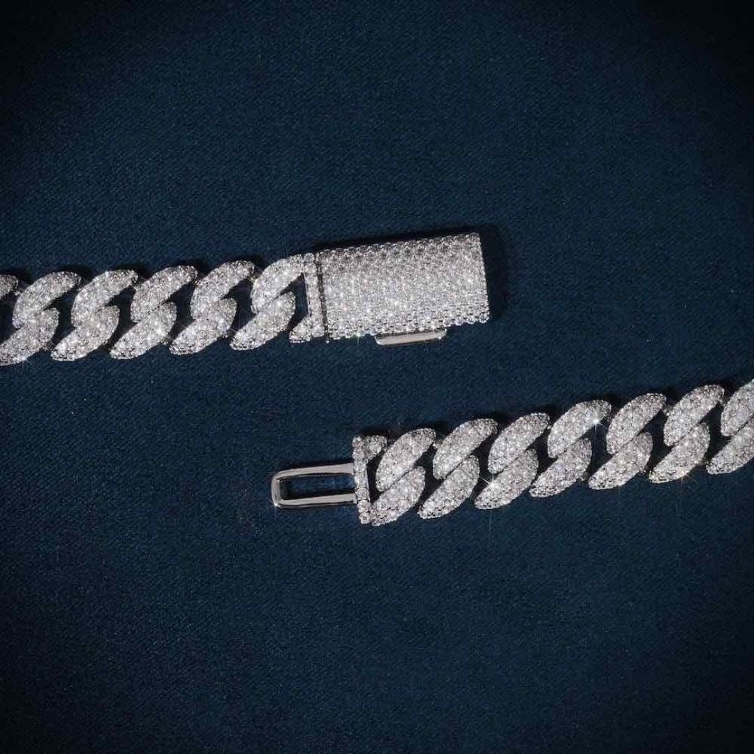 10mm Round Moissanite Cuban Link Chain Glacial in 14K White Gold Clasp View