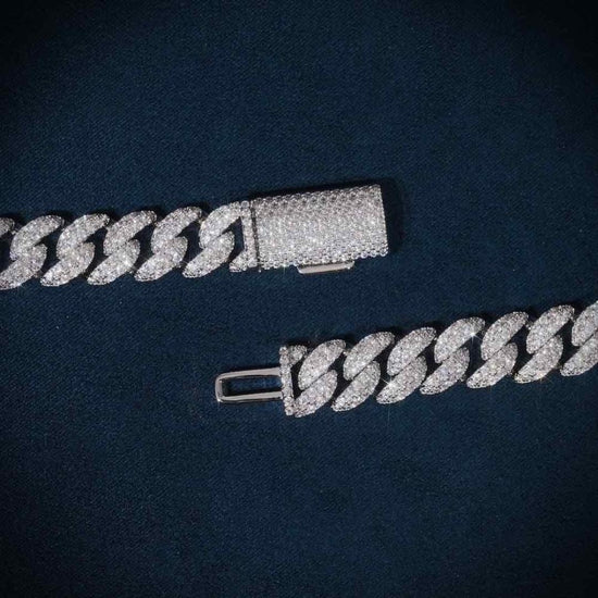 10mm Round Moissanite Cuban Link Chain Glacial in 14K White Gold Clasp View