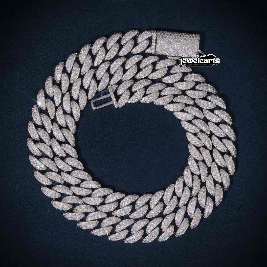 10mm Round Moissanite Cuban Link Chain Glacial in 14K White Gold Front View