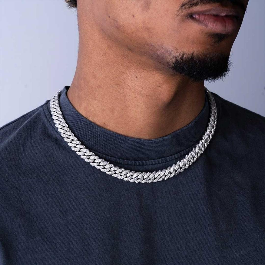 10mm Round Moissanite Cuban Link Chain Glacial in 14K White Gold Full Close Up Neck View 