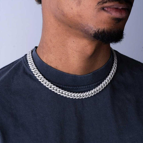 10mm Round Moissanite Cuban Link Chain Glacial in 14K White Gold Full Close Up Neck View 